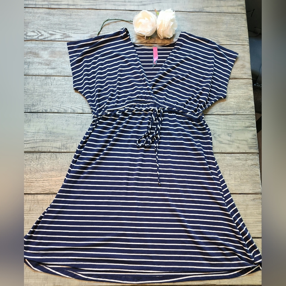 Pure Energy Navy Blue & White Striped Dress